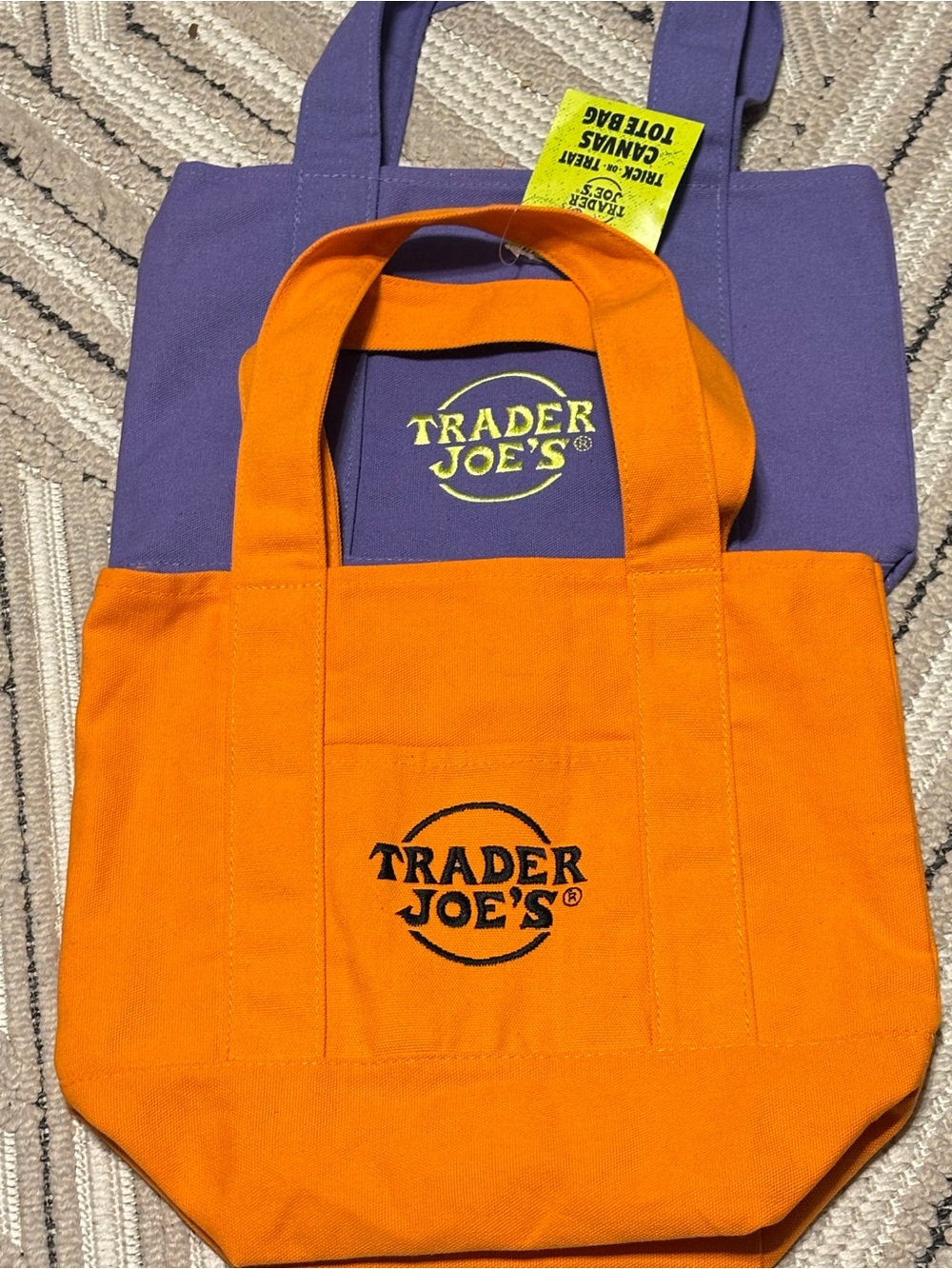 Trader Joe's NWT Orange & 1 Purple Canvas Tote‎ Bag Halloween Trick or Treat